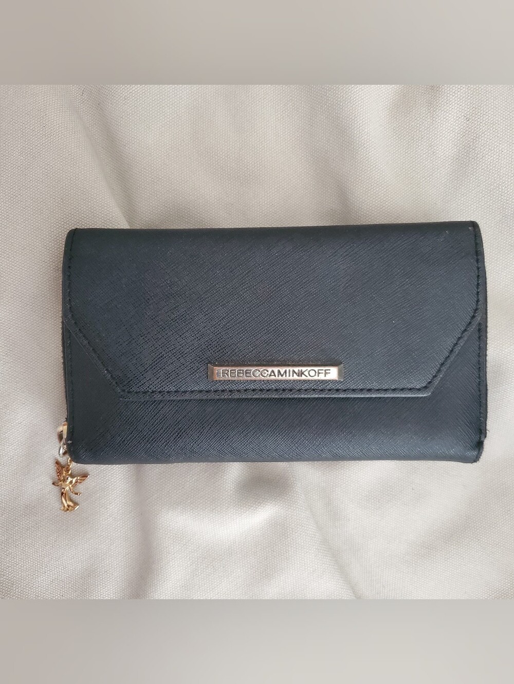 Rebecca Minkoff Black Saffiano Wristlet Clutch with Gold Plaque
